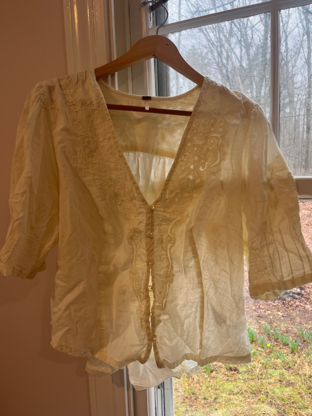 Free People Ivory Cotton Button-Front Embroidered Blouse